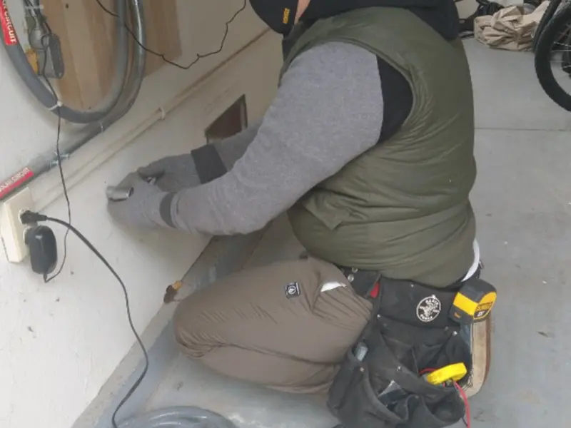 Electrician performing outlet wiring in a Orange garage